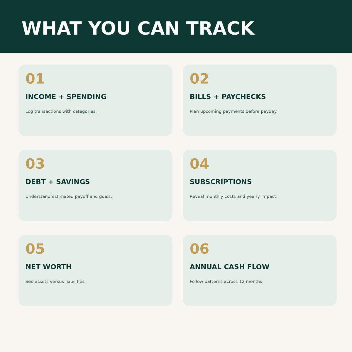 Features: track income, bills, debt, savings, subscriptions and annual cash flow
