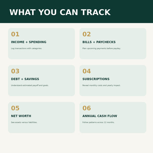 Features: track income, bills, debt, savings, subscriptions and annual cash flow